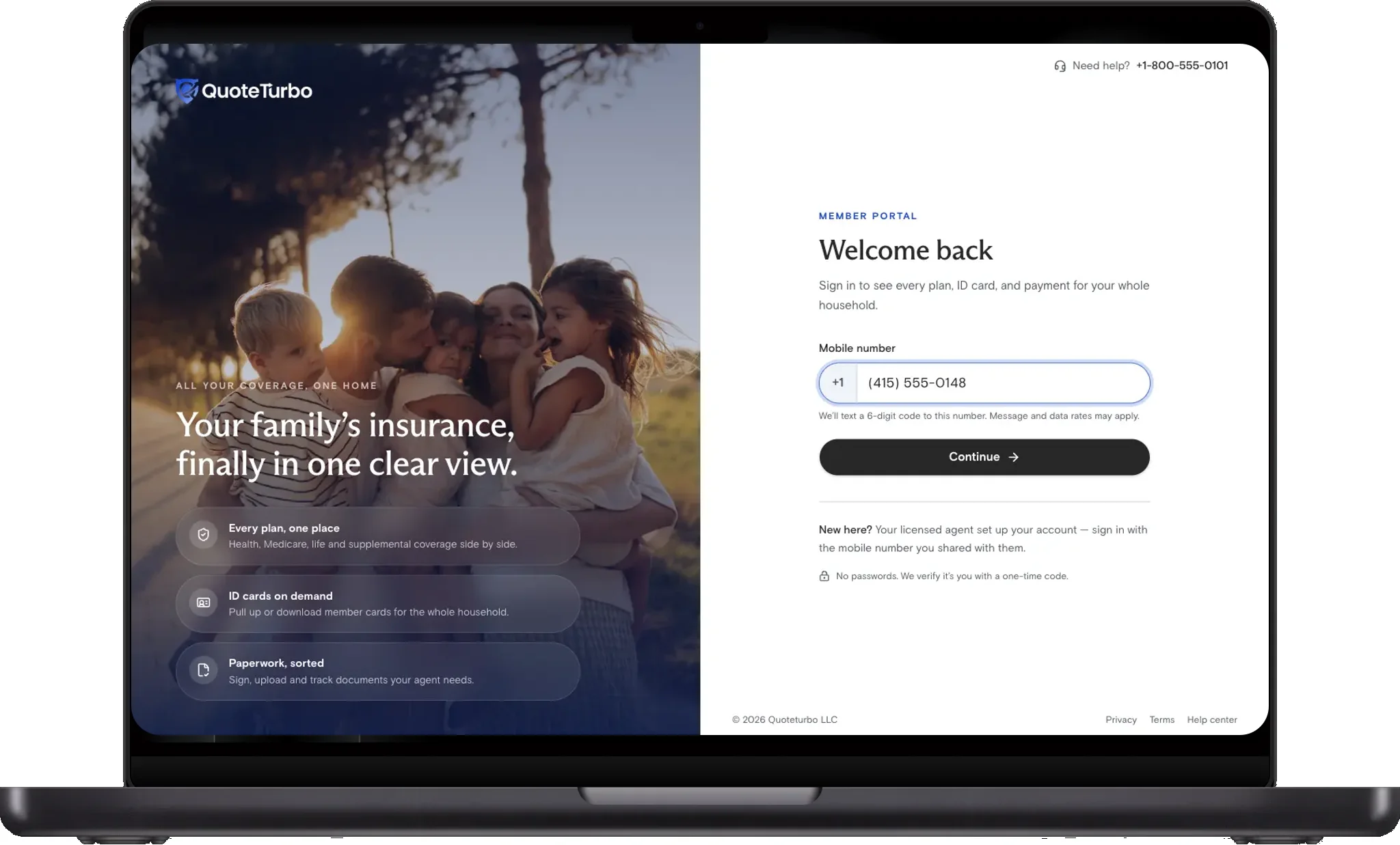 Welcome back screen with a mobile number field and a Continue button