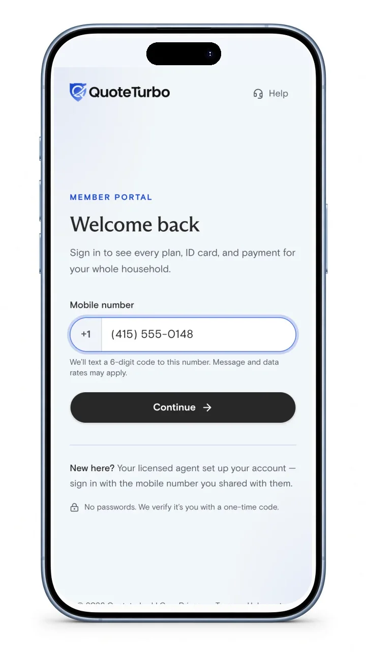 Welcome back screen with a mobile number field and a Continue button