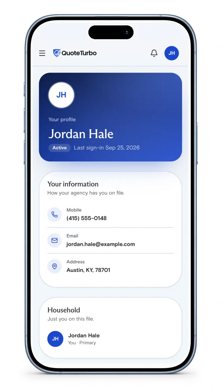 Profile screen with blurred contact details and a read only household list